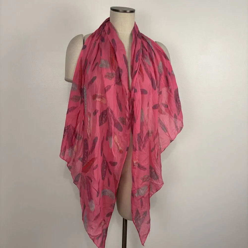 Moda Accessori Italy Pink Feather Print Scarf Cotton Silk Blend Lightweight